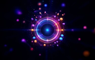 Fototapeta premium A glowing, neon circle with multicolored lights and orbs in a dark background.