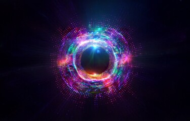 A glowing ring of colorful light forms an abstract shape on a dark background.