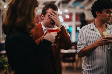 A young man playfully slaps his forehead in a lighthearted moment while enjoying cocktails with friends at a lively bar, capturing a fun and carefree atmosphere.