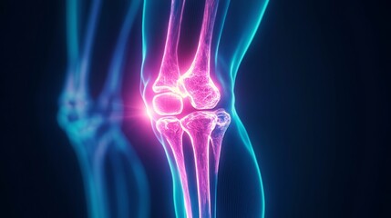 Skeleton's knee displayed in X-ray with vibrant neon holograms circling the joint, representing futuristic treatment of osteoarthritis, set in a sleek sci-fi environment