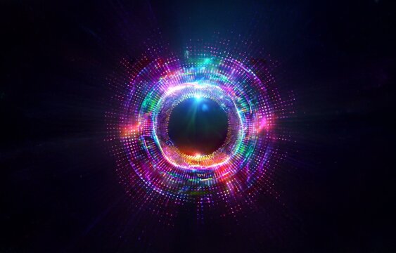 A glowing ring of colorful light forms an abstract shape on a dark background.