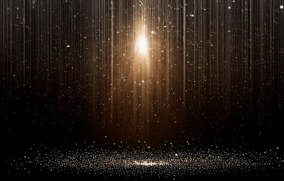 Abstract image of thin gold lines against a black background with light reflecting off of the lines and a small amount of gold glitter at the bottom of the image.