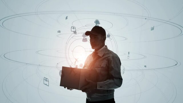 Mixed media of delivery man and logistics technology concept