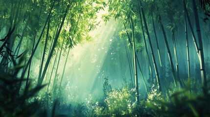 Obraz premium Serene bamboo forest bathed in soft sunlight.