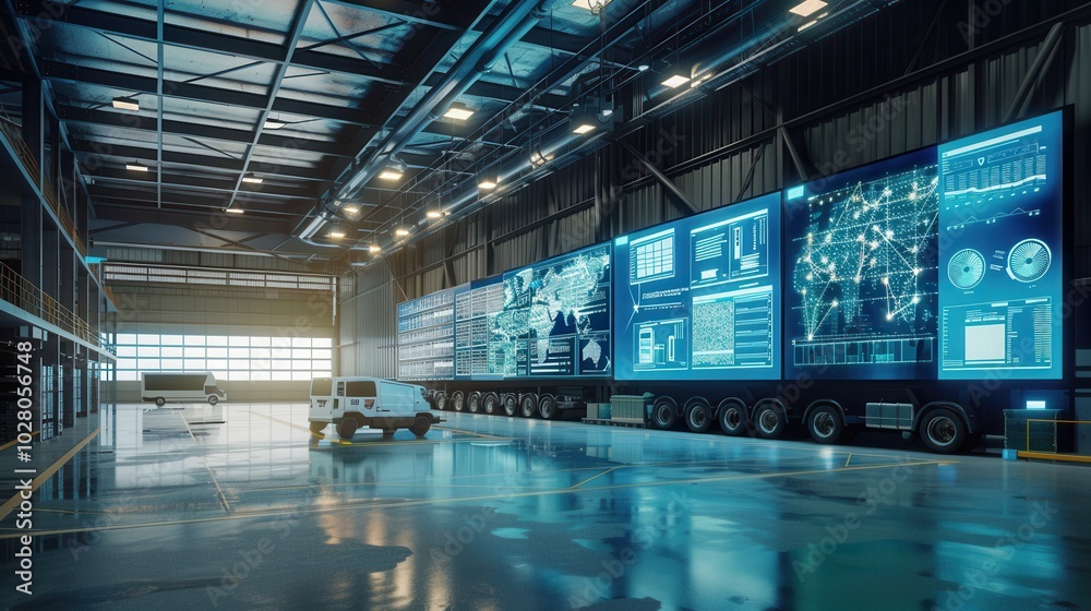 Poster A logistics control center showcases large screens, presenting real-time data on deliveries and routes for efficient management. Generative AI