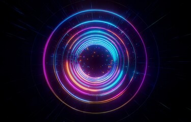 Neon glowing circles radiating out from the center, against a dark background, with hints of purple, blue and orange.