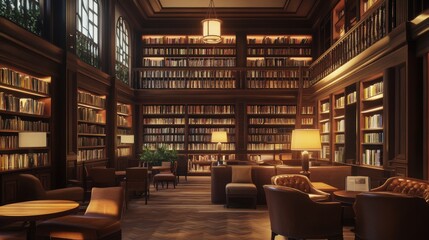 Elegant library with classic wood paneling and ambient lighting.