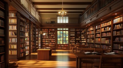 Sunlight streaming into a spacious, classic library filled with books.