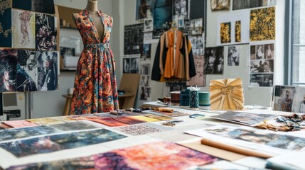 Obraz premium A creative fashion studio with mood boards, fabric swatches, and sketches of trendy fashion designs