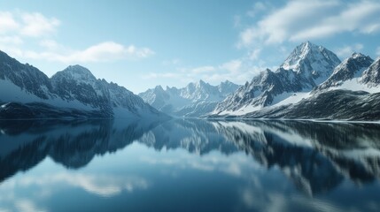 Serene mountain landscape with reflecting lake under a clear blue sky.