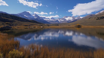 Serene mountain lake reflecting the sky and rugged peaks.