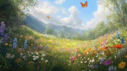 A serene meadow filled with colorful wildflowers and fluttering butterflies.