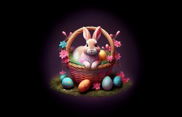 Fototapeta premium A cute bunny sits in a wicker basket with colorful Easter eggs.