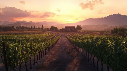 Fototapeta premium Scenic vineyard at sunset with a farmhouse in the distance.