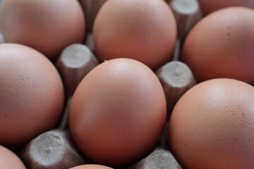 Una toma de cerca de varios huevos fresco de gallina para comer colocado en un cartón.
