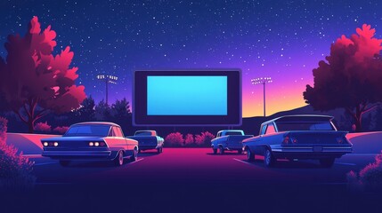 Retro cars parked at an outdoor drive-in theater under a starry night sky.