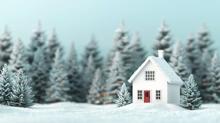 A charming white house surrounded by snow-covered trees in a winter landscape. Cozy and serene atmosphere, perfect for holiday themes and illustrations.