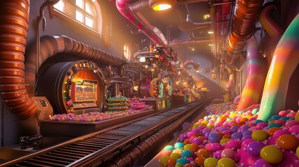 Colorful candy factory with vibrant machinery and rainbow sweets.