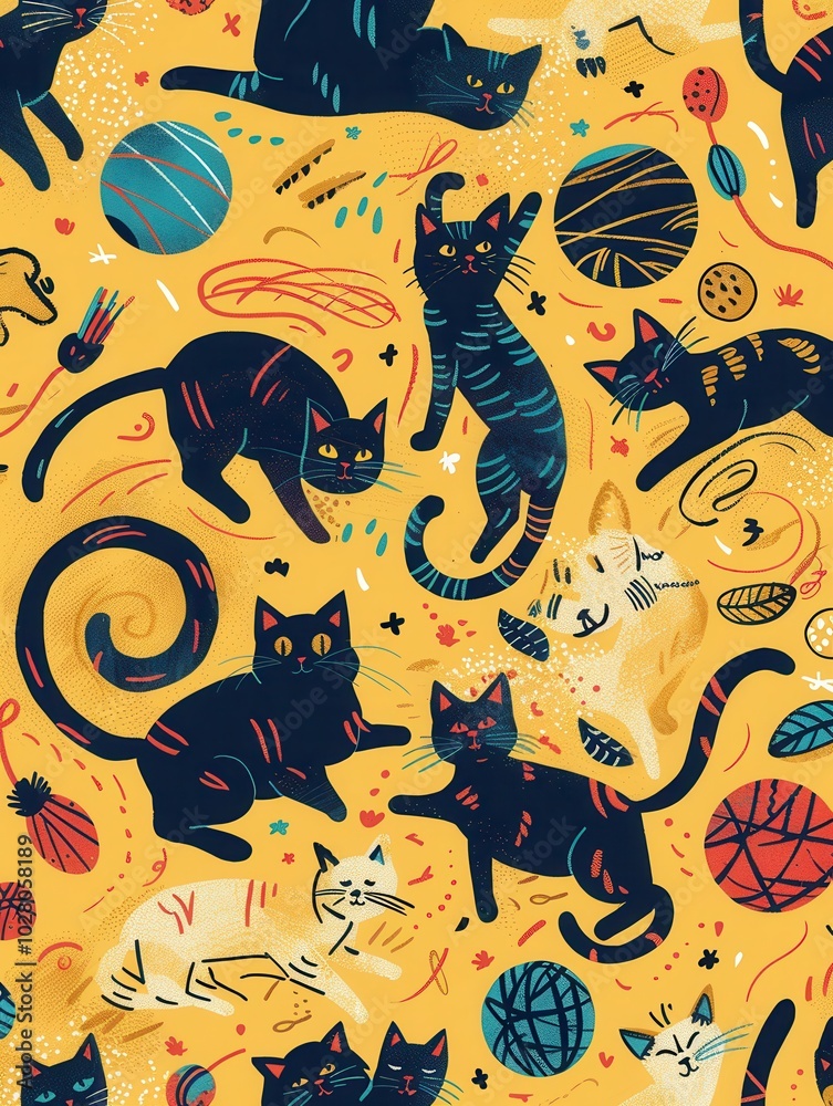 Poster A group of playful cats enthusiastically engages with various toys and colorful balls of yarn, creating a cheerful atmosphere. Generative AI