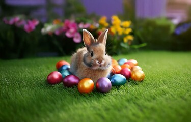A small brown bunny sits amongst colorful Easter eggs in a patch of green grass.