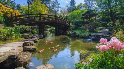 Tranquil Japanese garden with koi pond and wooden bridge.