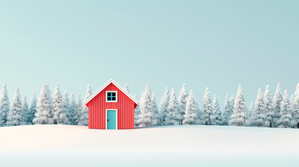 A vibrant red house stands out against a serene snowy landscape, surrounded by tall evergreen trees under a clear blue sky. A picturesque winter scene that evokes tranquility.