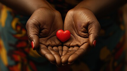 Close-up of a black woman's hands gently holding a small red heart, symbolizing solidarity, charity. This image captures the essence of compassion, connection within the African community