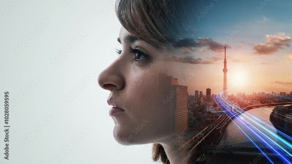 Poster mixed media of a woman's profile and the concept of progress to the future