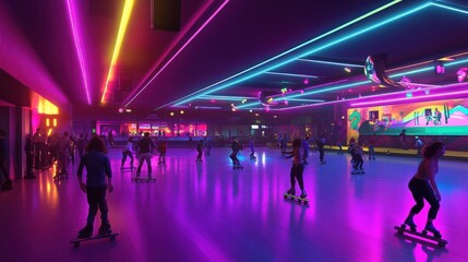 People enjoying a vibrant night at a neon-lit roller skating rink.