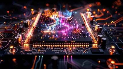 Digital Technology, vibrant colors, modern gadgets, close-up, dynamic