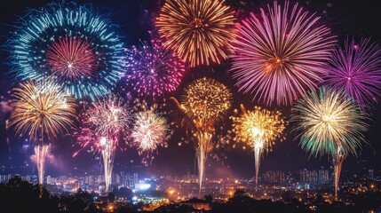 Vibrant fireworks fill the night sky over a cityscape.