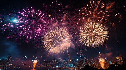 Vibrant fireworks light up the night sky over a bustling city skyline.