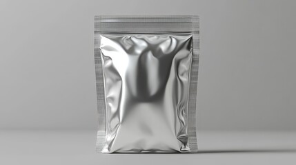 Shiny silver stand-up pouch with Ziplock, front view, on a muted gray background, realistic texture, ready for product branding and advertising