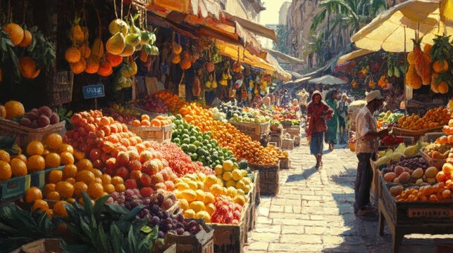 Bustling market scene with vibrant fruits and diverse shoppers.