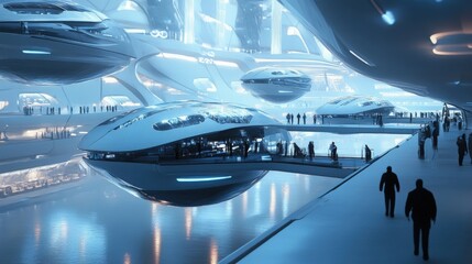 Futuristic cityscape with floating vehicles and luminous architecture.