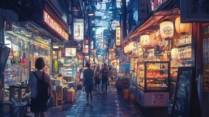 Naklejka premium Bustling night market with vibrant lights and diverse street vendors.