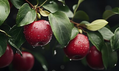 Obraz premium fresh_ripe_red_apples_hanging_on_the_branch_green_leave cherry, generation AI