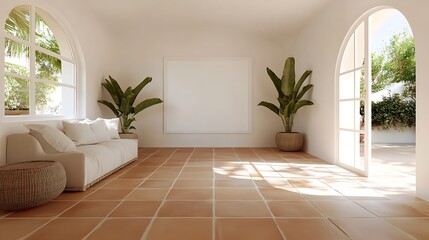 A Mediterranean-style living room with terracotta tiles, arched windows, and a blank white frame above a warm couch, providing space for artistic expression or family memories. 
