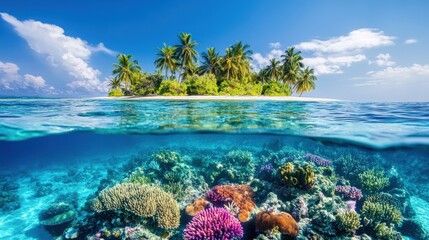 Naklejka premium Tropical island paradise with vibrant coral reef beneath crystal-clear waters.