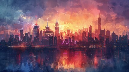 Fototapeta premium Vibrant Watercolor Illustration of New York City Skyline