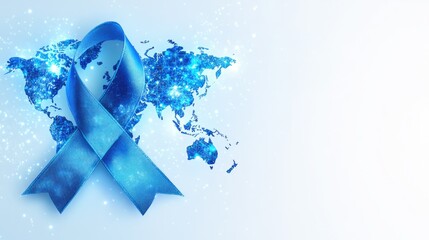 Blue ribbon on digital world map for world diabetes day awareness and global health initiatives