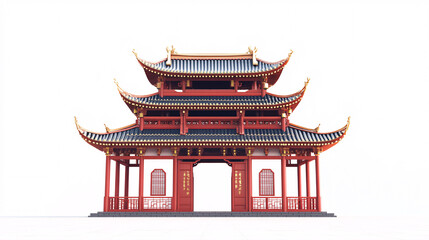 Fototapeta premium traditional chinese red gate pagoda building 3d illustration isolated on white background