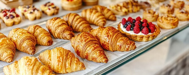 A tempting display of fresh pastries, featuring flaky croissants and delicious tartlets topped with berries.