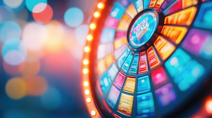 A vibrant close-up of a colorful spinning roulette wheel with bright lights, conveying excitement and chance in gaming.