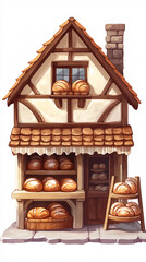 charming hand drawn cartoon illustration of a european style bakery with brown and white color scheme  and lots of loaves of bread in the window and on display
