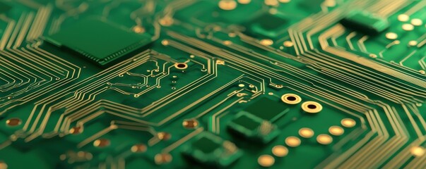 Close-up of a green circuit board with intricate electronic details and connections.