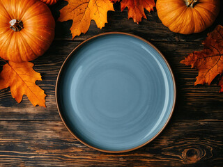 Empty blue plate on wooden table surrounded by pumpkins and autumn leaves. Flat lay composition for Thanksgiving and fall season