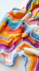 colorful crocheted blanket with rainbow stripes and curved edges on white background