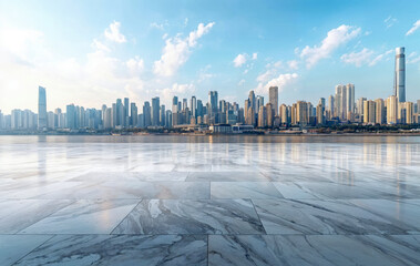 Plakat Empty marble floor overlooking modern city skyline