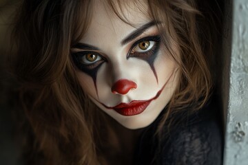 Fototapeta premium Close-up portrait of a woman in clown makeup, looking at the camera with a mischievous smile.